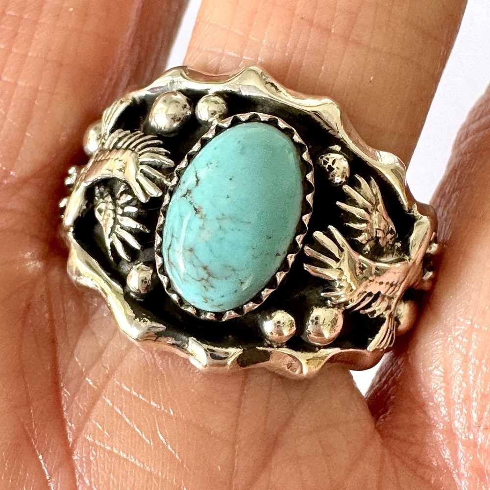 Navajo Eagle Mens Band Sz 13 Ring Turquoise Sterling Francisco Native American‎